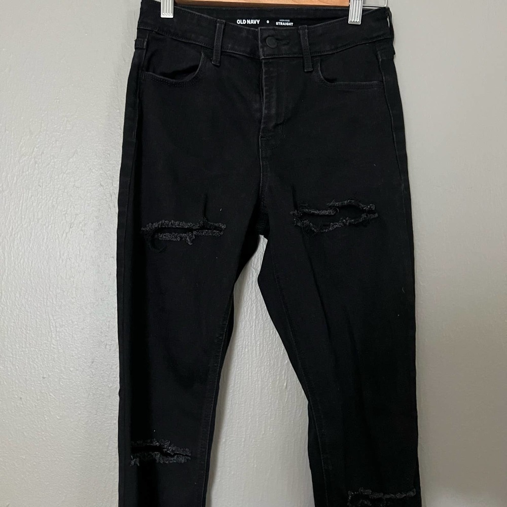 OLD NAVY Wow High Rise Black Distressed Straight Jeans Size 0 casual comfort - Picture 3 of 8